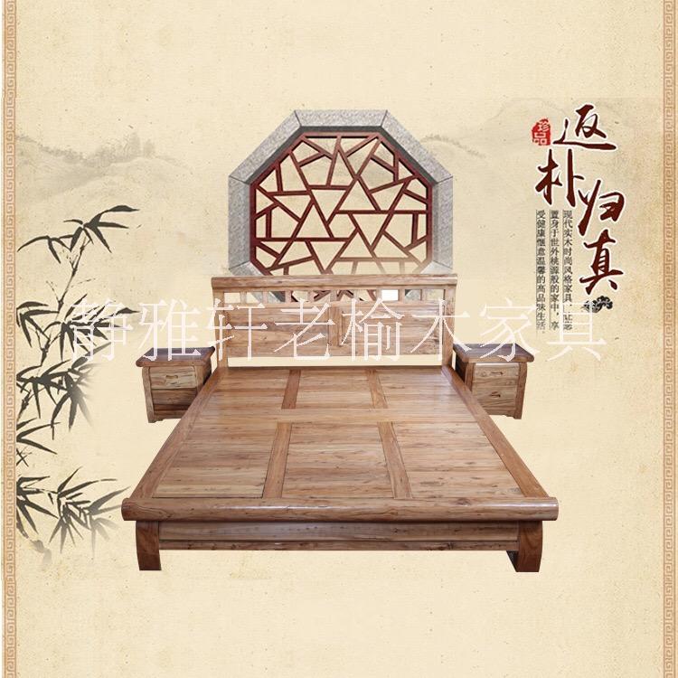 臥室實(shí)木床家具 韓式老榆木床圖片