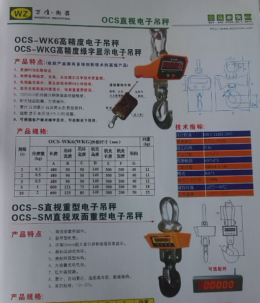 杭州市义务电子吊秤OCS-WK6厂家义务电子吊秤OCS-WK6 直视电子吊秤 厂家供应销售 电子吊钩秤