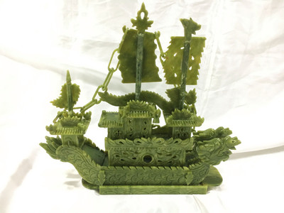 定制家居辦公室家居擺件 38cm精工青玉石龍船玉雕工藝品擺設代發(fā)
