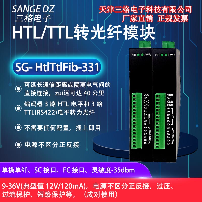 三格RS422/TTL电平信号转光纤编码器HTL/TTL信号光纤转换器隔离型图片