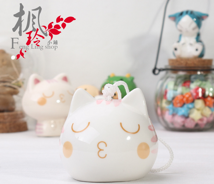 日式陶瓷風(fēng)鈴小貓咪表情車飾掛飾掛