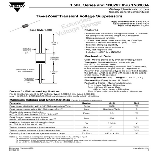 1.5KE15A 單向TVS瞬態(tài)抑制二極管 直插DO-201AD 全新現(xiàn)貨