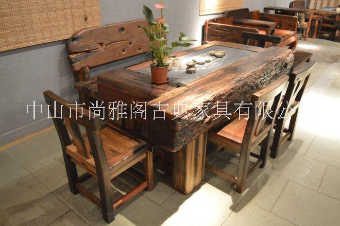 老船木龍骨茶臺(tái)原生態(tài)海螺眼茶臺(tái)古典功夫船木茶桌仿古船木家具