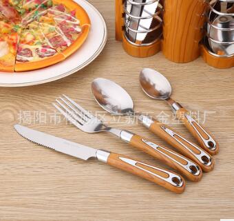 創(chuàng)意木紋不銹鋼餐具套裝 家居不銹鋼勺子水果叉 兒童便攜餐具批發(fā)