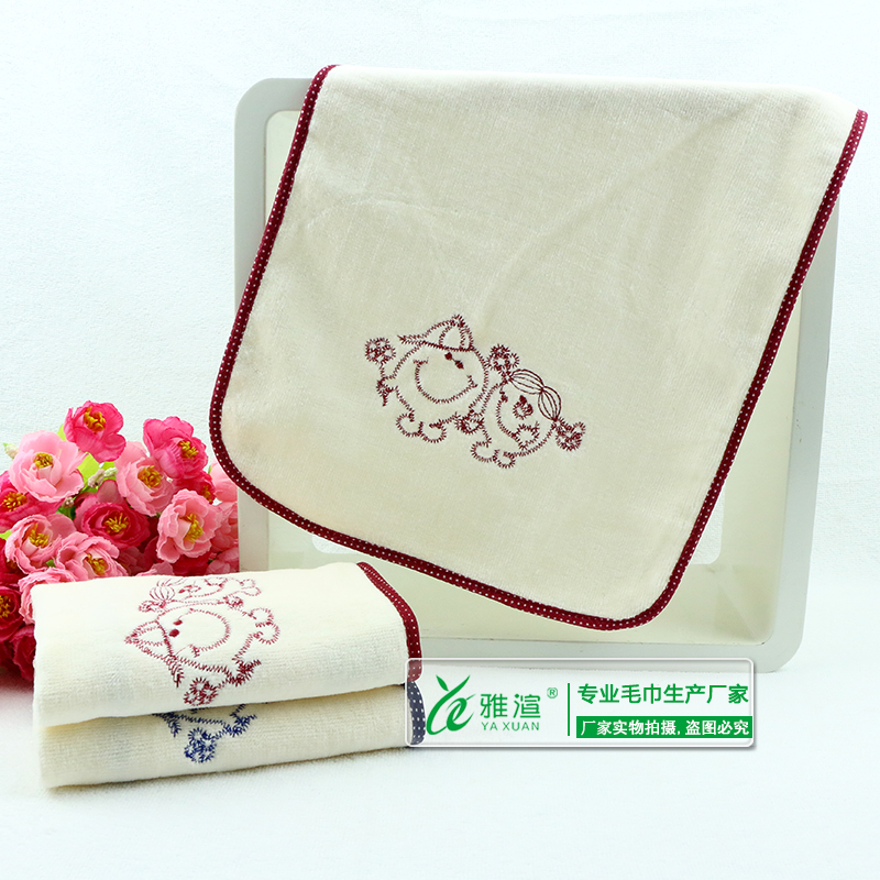 廠家直銷割絨童巾 純棉吸水包邊繡花牽手娃娃方巾商超批發(fā) 純棉童巾