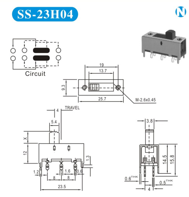 廠家直銷 撥動開關(guān)SS-23H04-G 規(guī)格25.7×9.3×12mm 防銹耐高溫