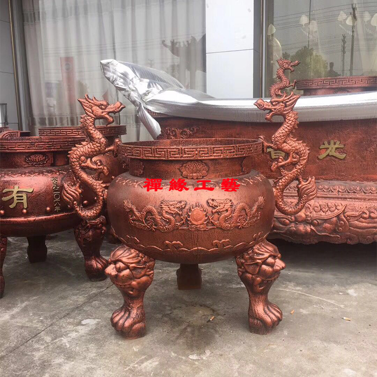 圓形平口雙龍香爐，庵堂佛堂祠堂插香香爐，蒼南鑄鐵香爐廠家