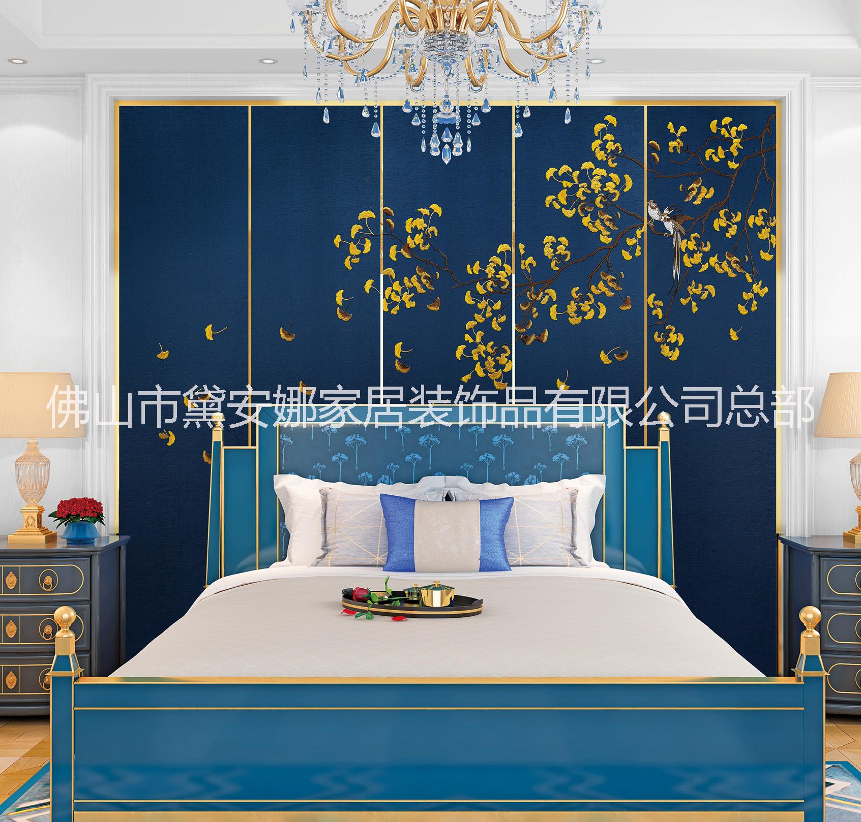 新中式刺繡硬包客廳電視背景 輕奢刺繡軟包硬包背景墻 輕奢刺繡墻布硬包背景墻