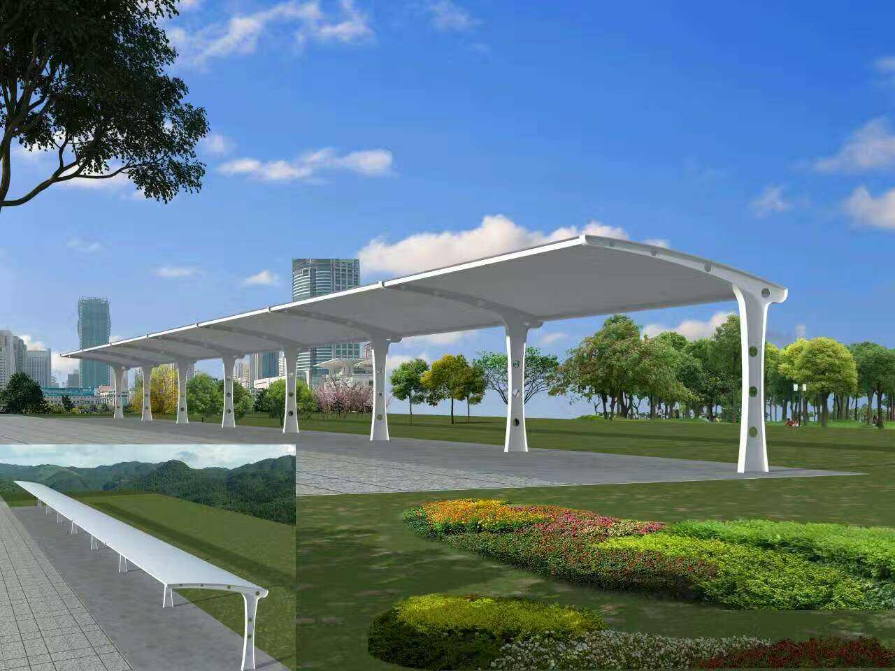 張拉膜車棚廠家 張拉膜景觀棚 蘇州學(xué)校停車棚 蘇州市區(qū)自行車棚安裝
