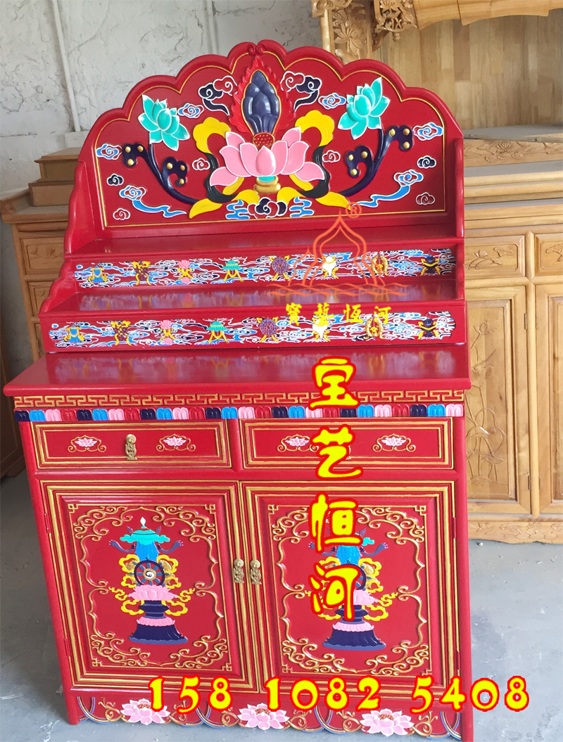 153彩繪藏式佛龕三層佛臺八吉祥佛柜