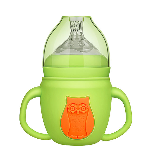 寬口玻璃奶瓶寶寶奶瓶帶硅膠套帶手柄吸管嬰幼兒童奶瓶批發(fā)   帶硅膠套防爆玻璃奶瓶