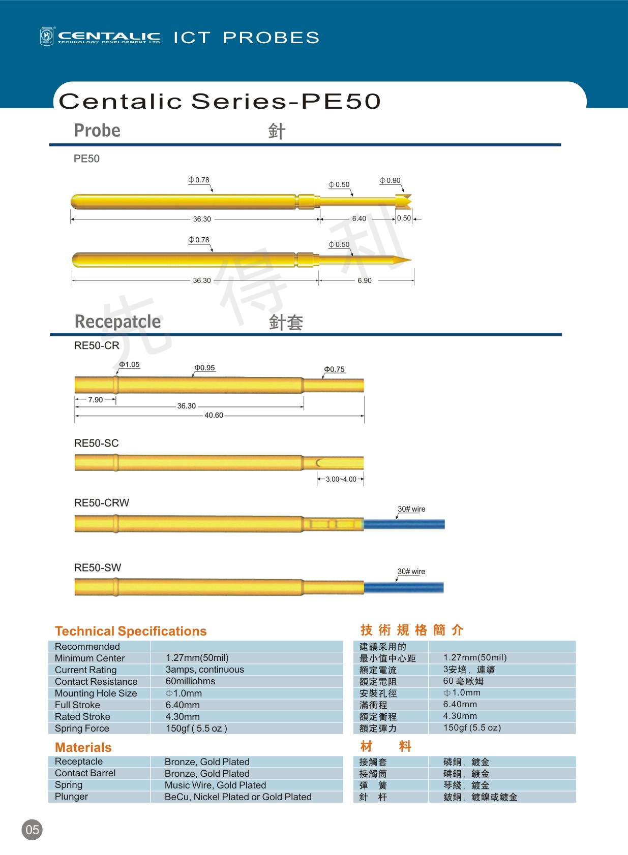 先得利PE50夾具測試探針 ict治具探針單頭探針