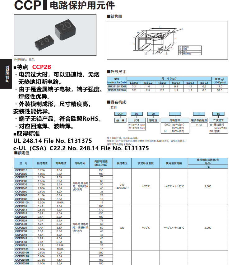KOA片式電流保險(xiǎn)絲 CCP2E35TTEH 模壓型貼片式速斷熔斷器